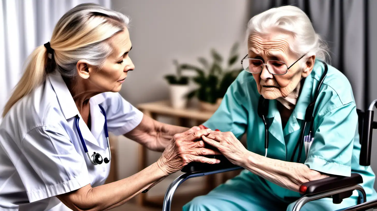 Craft an image of a caregiver assisting elderly individuals, surrounded by medical equipment and with a tired yet nurturing expression, showcasing the emotional and physical demands of caregiving.