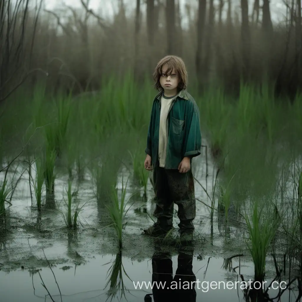 мальчик с волосами по плечи стоит на болоте