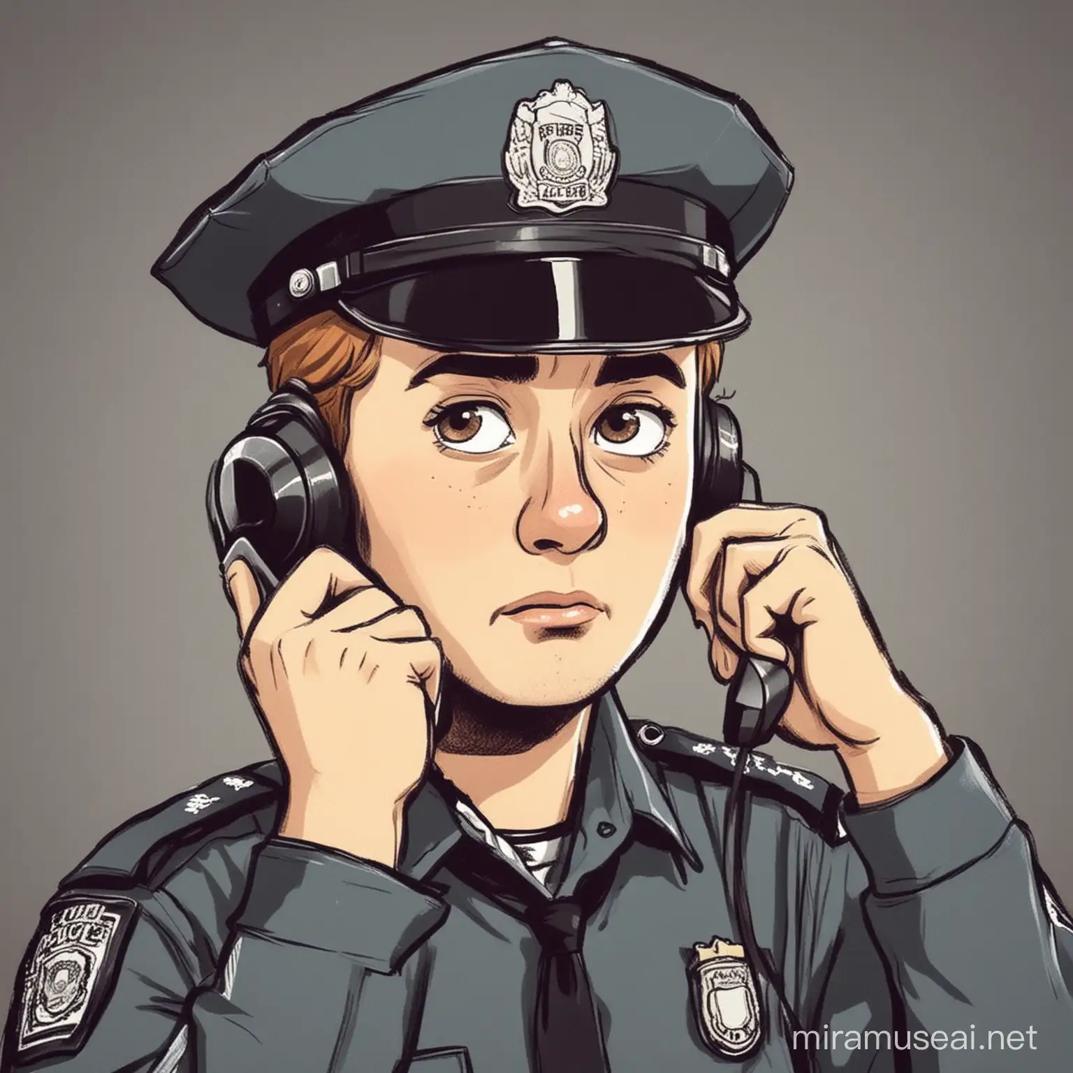 draw a cartoon of a police officer on the phone looking worried calling for help 