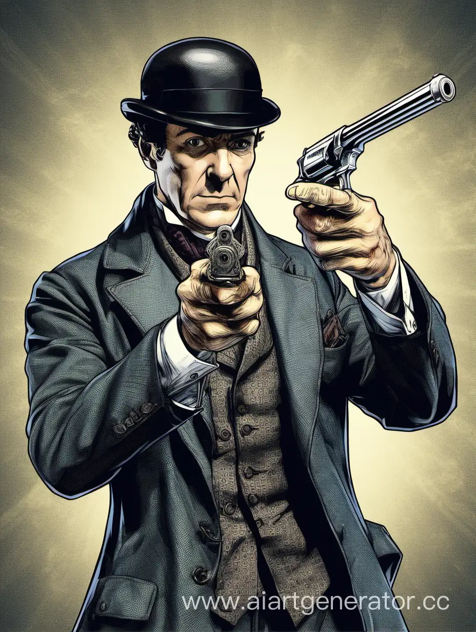 Шерлок Холмс прицеливается пистолетом пм