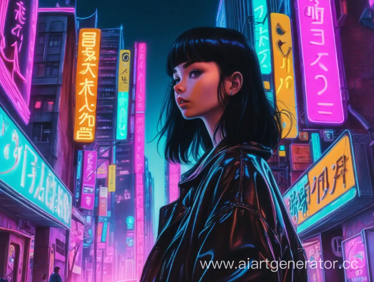 девушка с чёрными волосами  стоит в неоновом городе