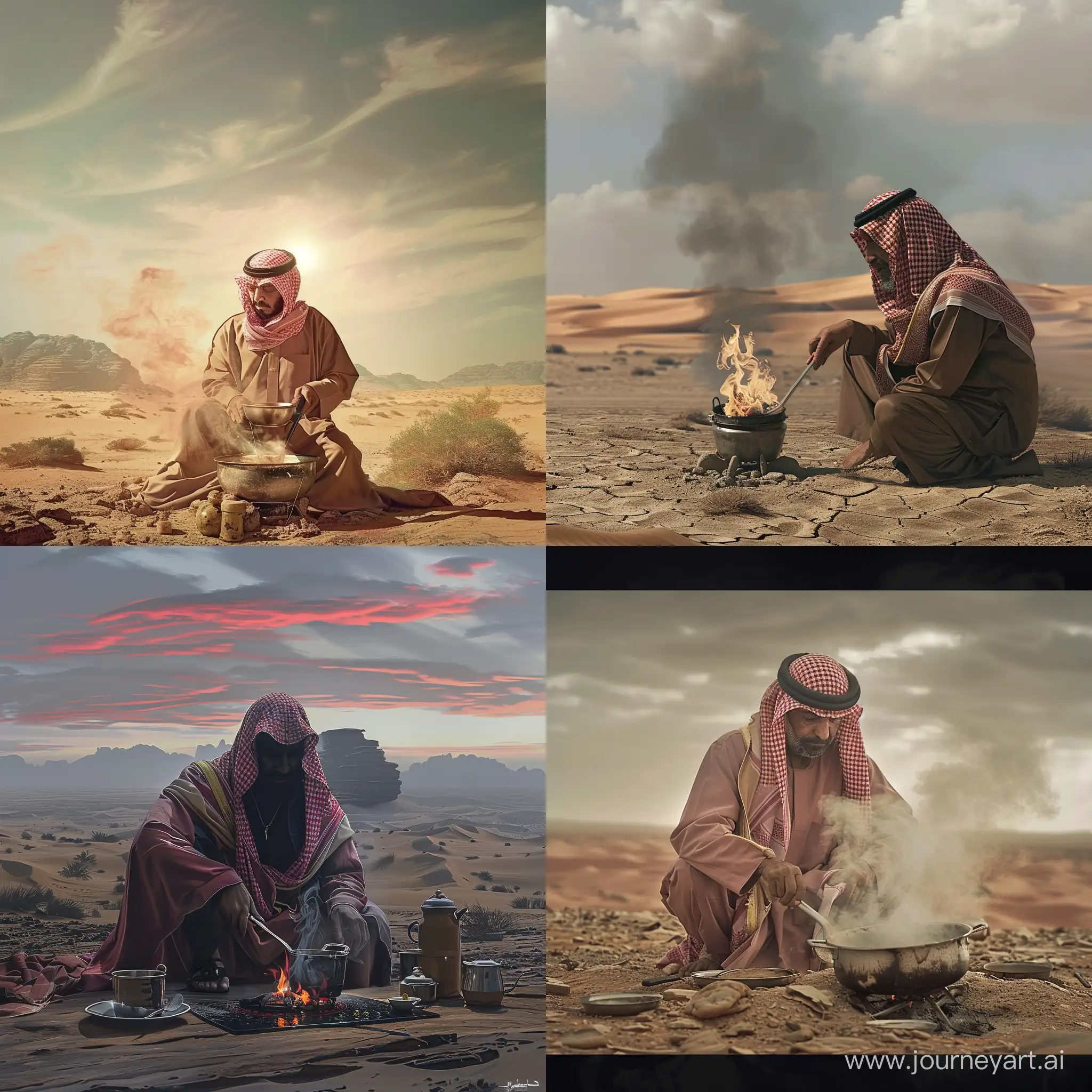 ارسم صورة رجل سعودي اخرس يطبخ في وسط الصحراء