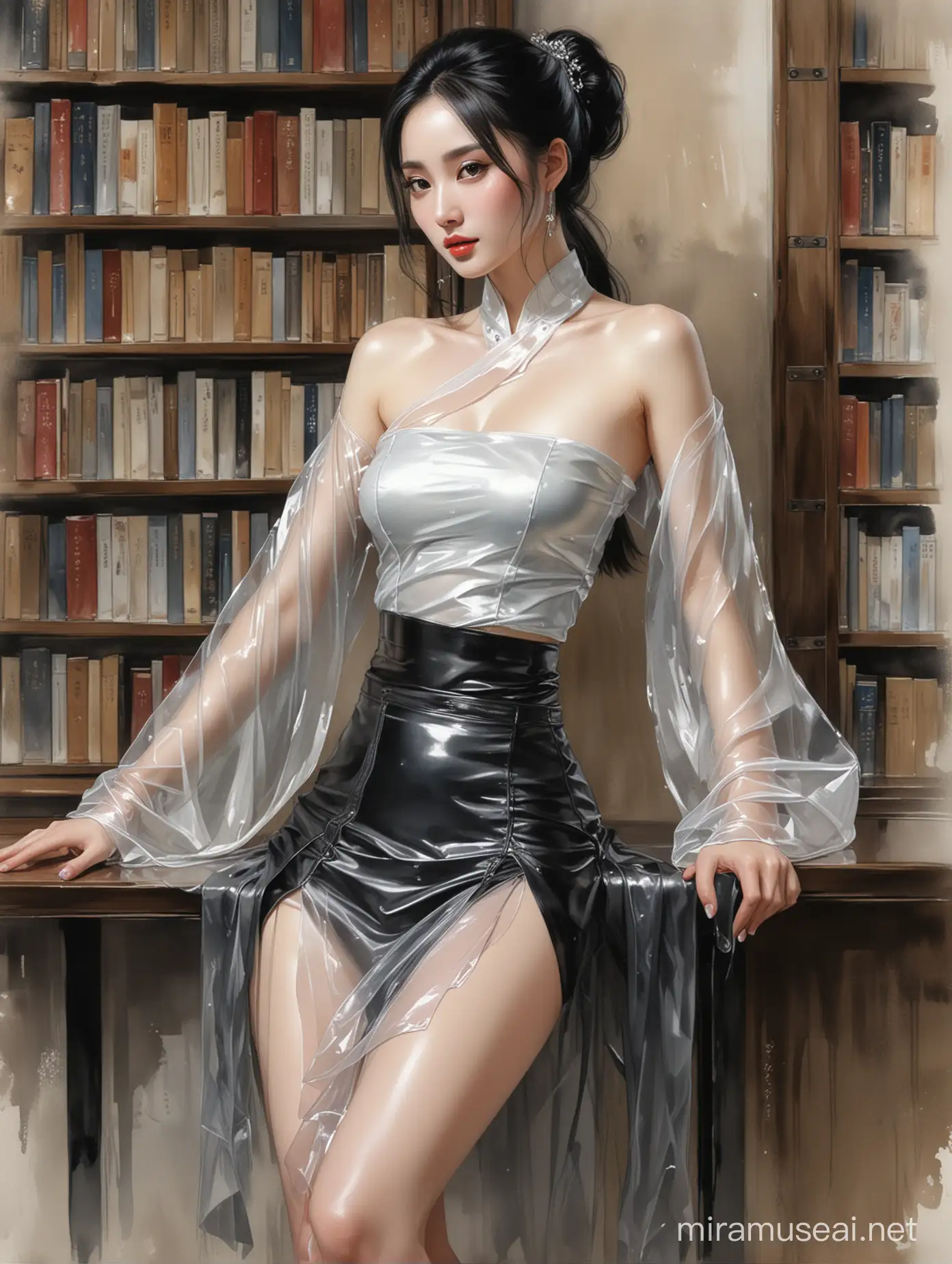 Alex Maleev's illustration depicting black-haired very pale alluring Yang Mi wearing transparent plastic hanfu and shiny tight black leather skirt leaning back against a library shelf, smooth shiny thigh, watercolor, no makeup, no distortion, gray palette, insanely high detail, very high quality