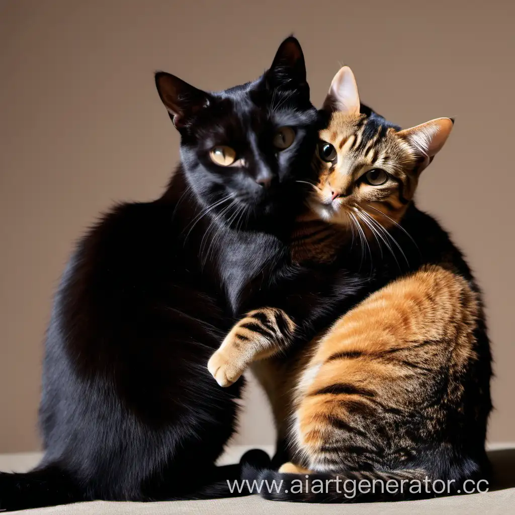 Черный и коричневый кот обнимаются