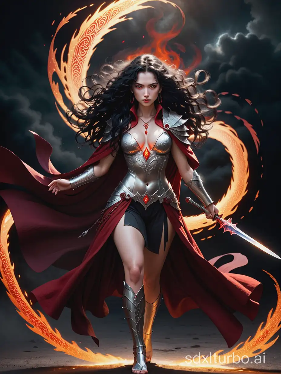 Full-body photograph of a wild and untamed woman with long, curly black hair and piercing red eyes that burn with an inner fire. Her skin has a warm, golden glow, as if kissed by the sun. She wears a flowing, tattered crimson cloak that seems to billow behind her like a storm cloud, with intricate patterns of silver thread embroidered throughout. In her hand, she holds a gleaming silver dagger that seems to shimmer with an otherworldly energy. Standing in a dramatic pose, with one leg bent and her weight shifted forward, as if ready to pounce into action. The background is a dark, fiery red, evoking a sense of passion and chaos.