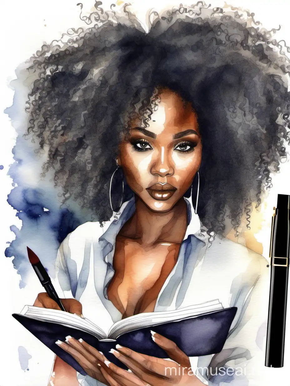 create watercolor Imagine of a gorgeous black female writing in a journal. Prominent make up with hazel eyes. Highly detailed black curly afro. 
