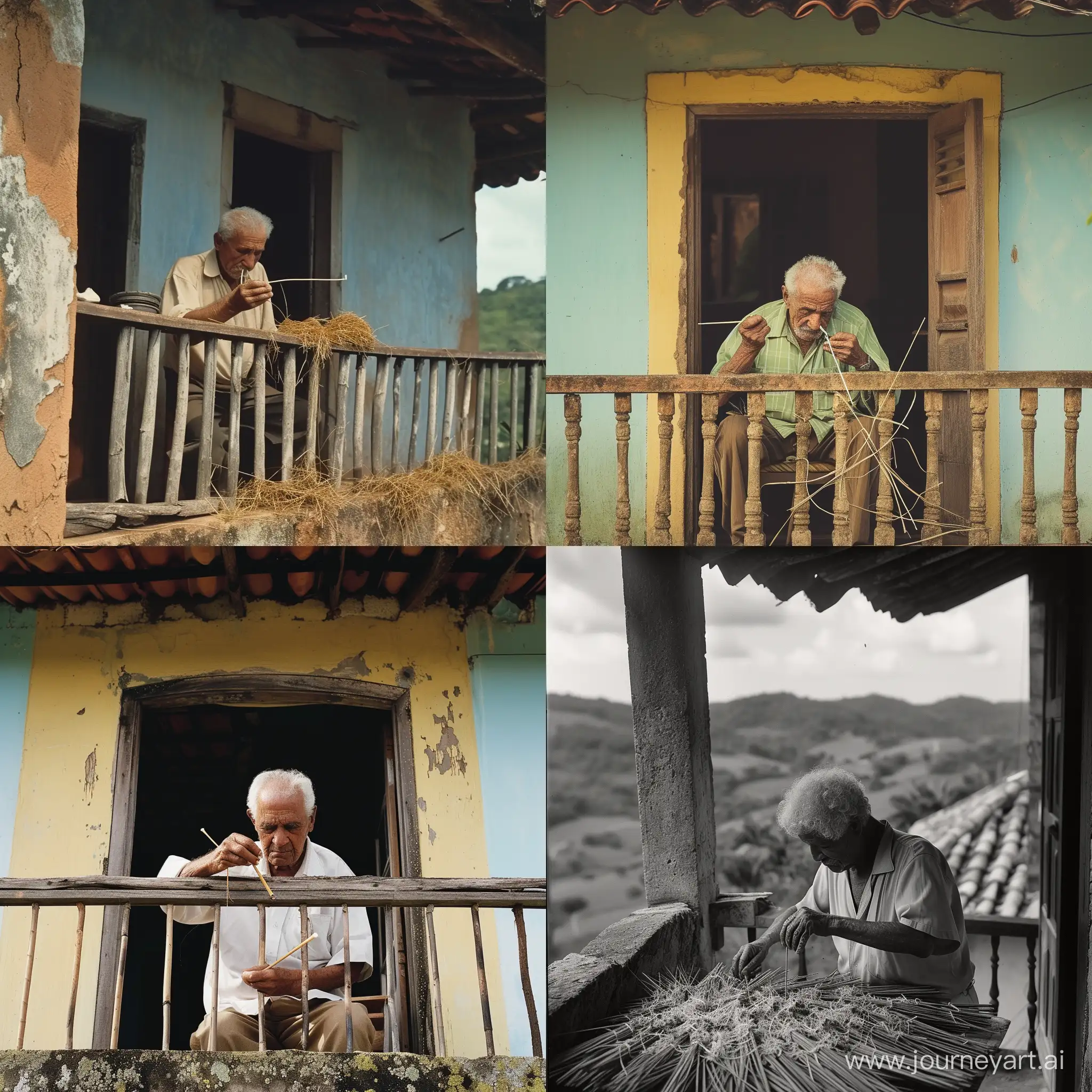 an elderly man making a straw cigarette on the balcony of a small country house in the interior of Minas Gerais