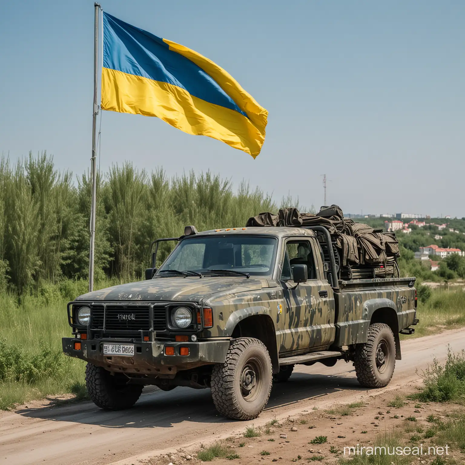 pick-up truck on camouflage colour with ukrainian flag on military urban landscape of donbas