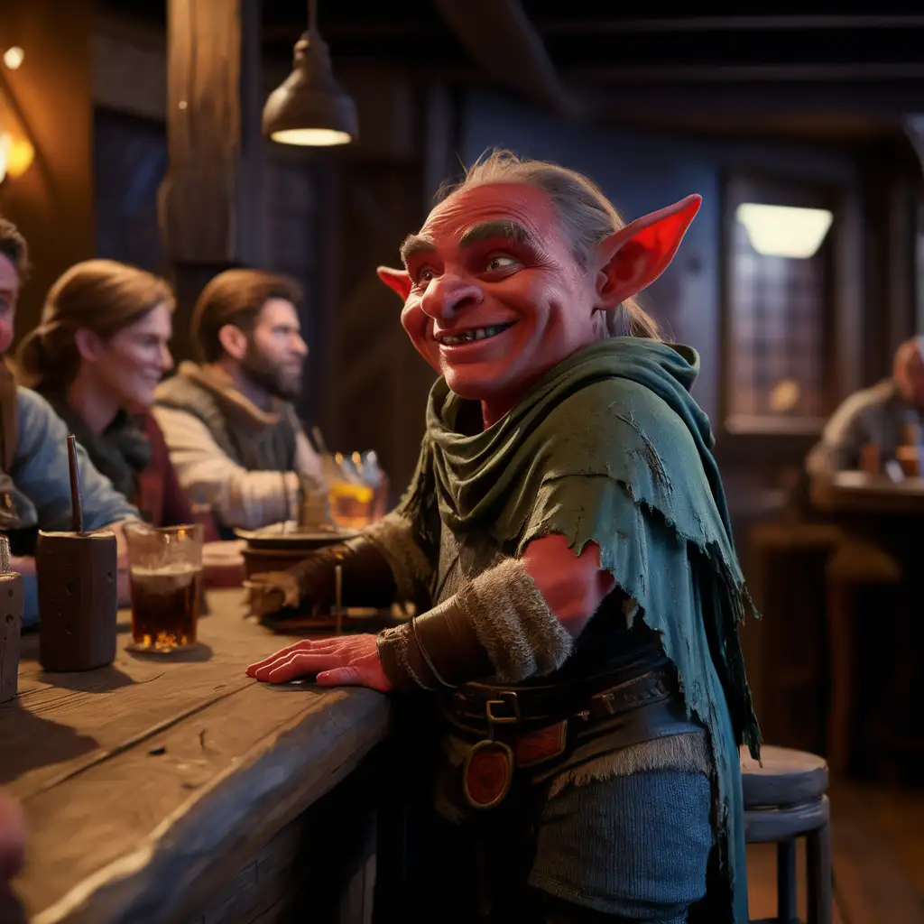 friendly male hobgoblin, red skin, druid, in tavern