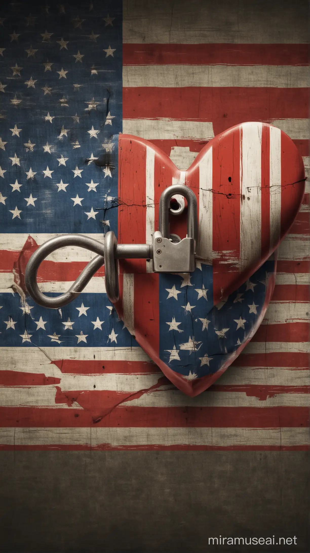 An American flag with a locked heart symbol overlay.
