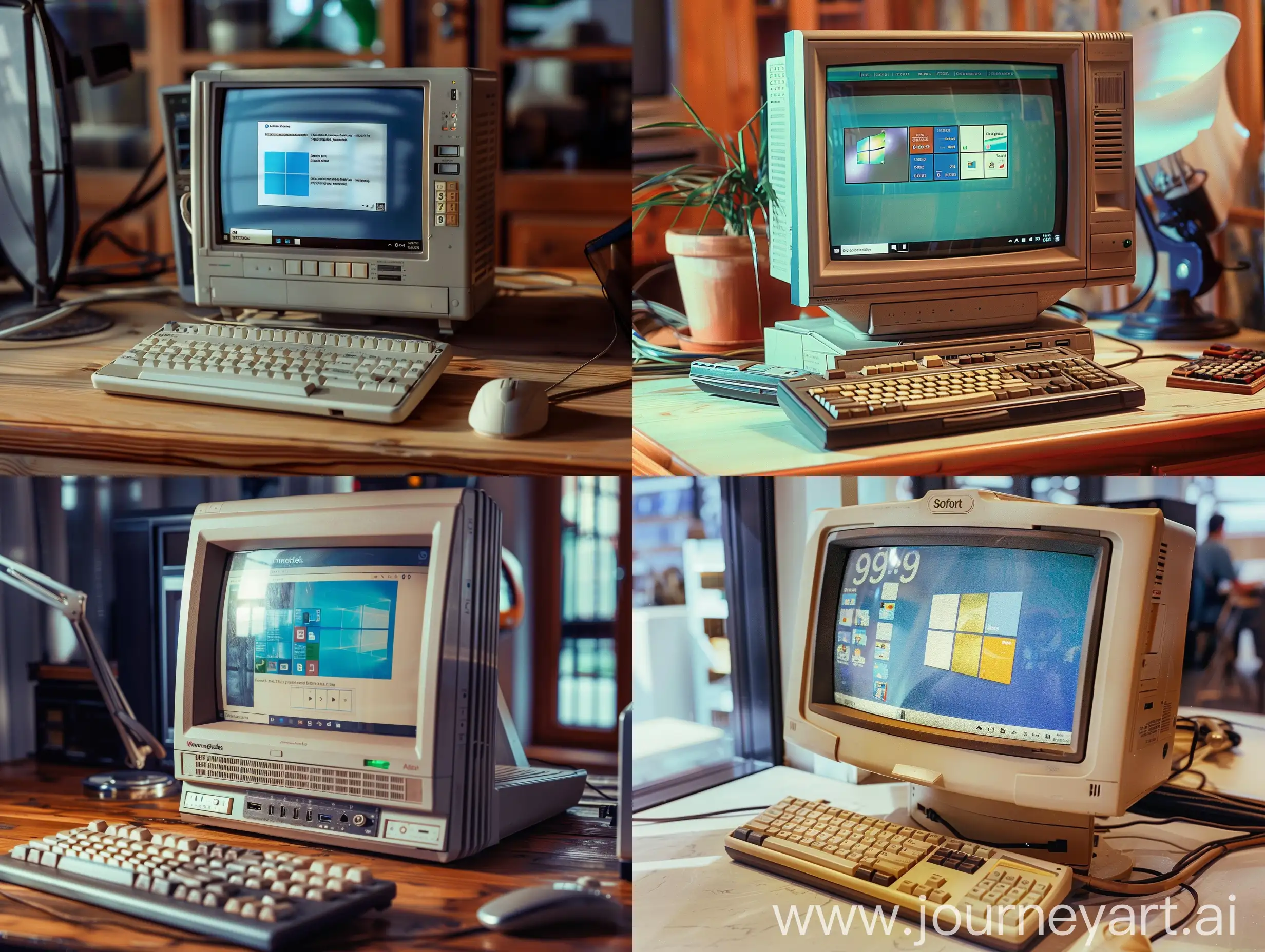 An old computer with Windows 98 displayed on screen in old film grain photo