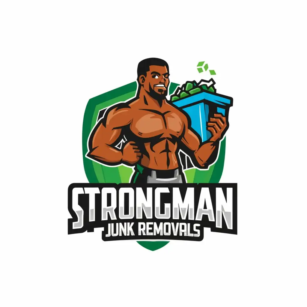 a logo design,with the text "Strongman junk removals", main symbol:Strong black man holding garbage bin,complex,clear background