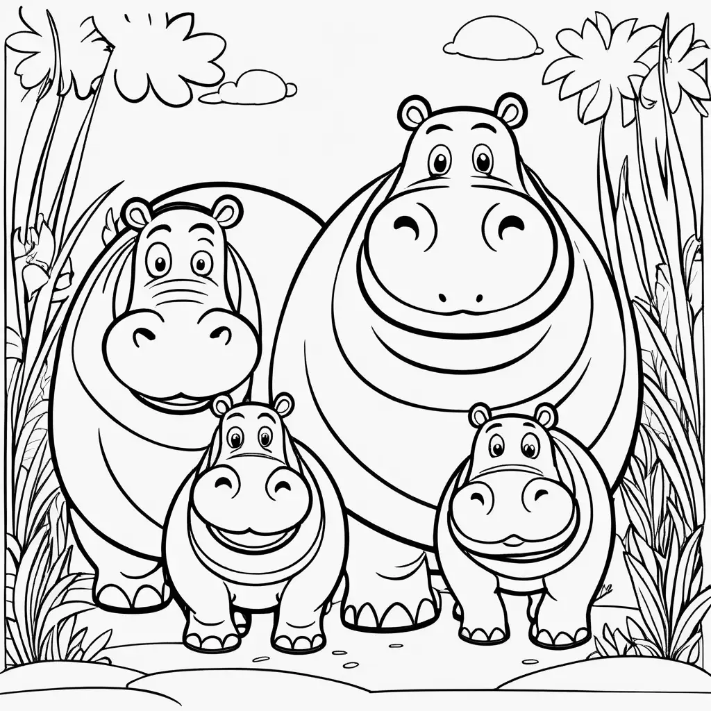 Create a coloring book page for 1 to 4 year olds. A simple cartoon cute smiling friendly faced hippo and its friendly faced parents with bold outlines in their native enviroment. The image should have no shading or block colors and very little background, make sure the animal fits in the picture fully and just clear lines for coloring.