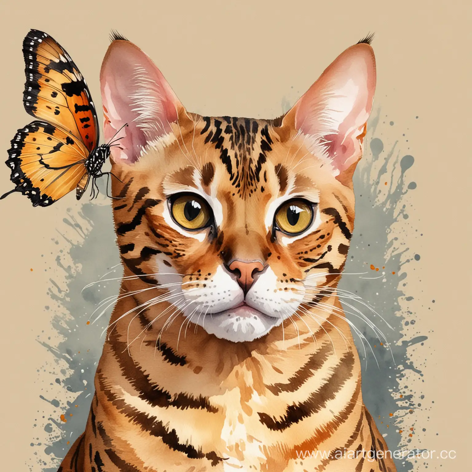 Playful-Bengal-Cat-in-a-Whimsical-Watercolor-and-Digital-Art-Landscape-with-Butterflies