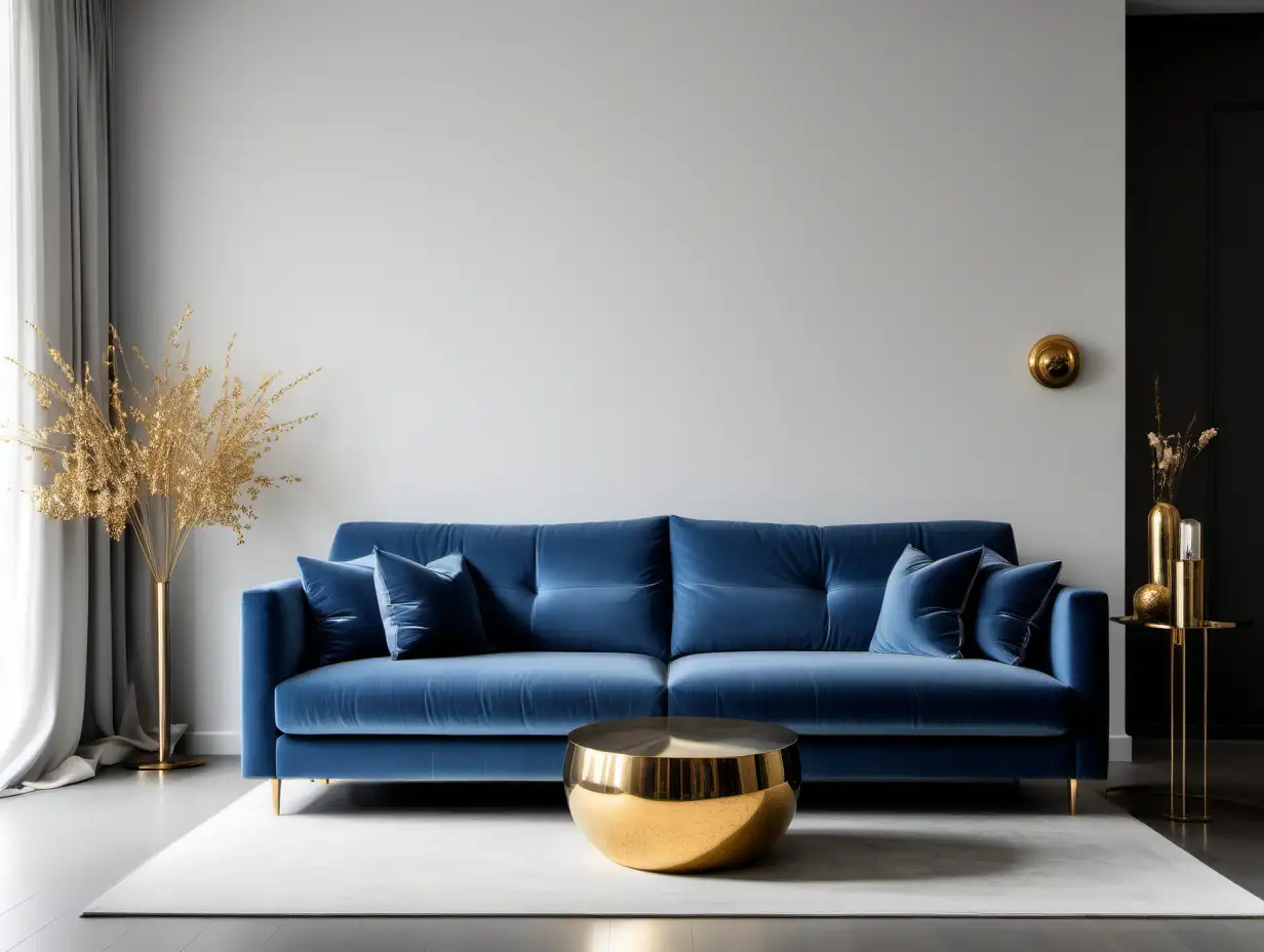 Commercial Photography, modern minimalist living room interior with blue sofa and golden decor