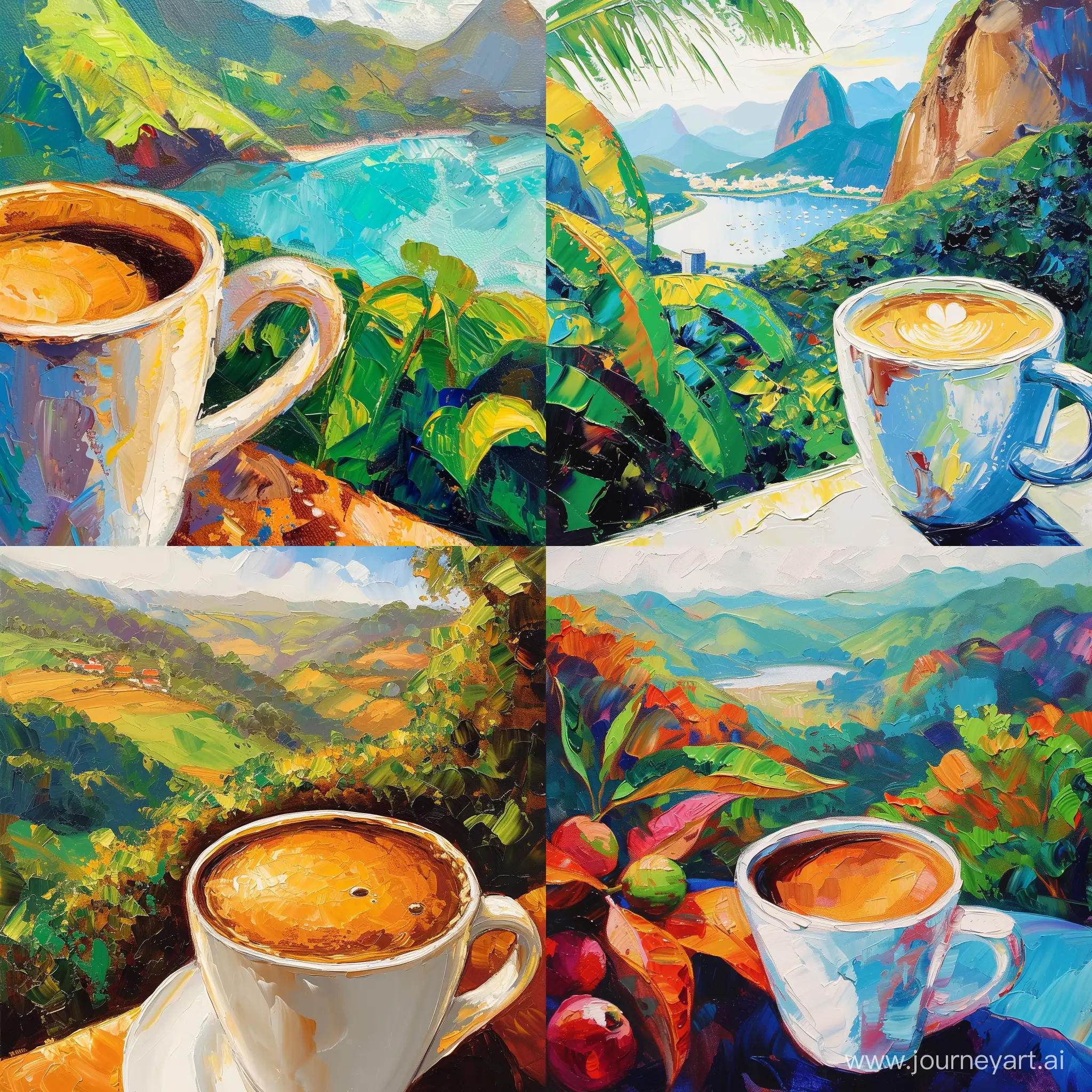 картина в стиле импрессионизм, близко стоит горячая чашка кофе, на заднем плане бразильский пейзаж, яркий и сочный