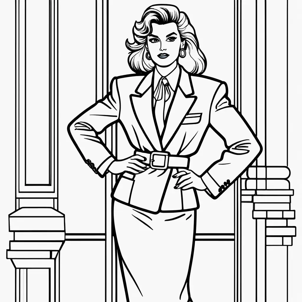 Coloring page with a confident woman 80s wearing a bold power suit, complete with shoulder pads, a matching skirt, and a wide belt. Emphasize the oversized accessories