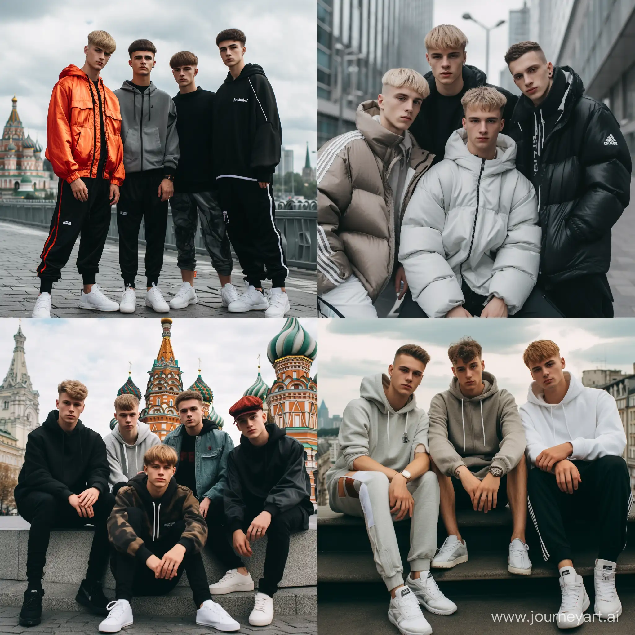 a group of four caucasian friends hanging in moscow, 18 years old, sigma, hypebeast, attractive, vibes