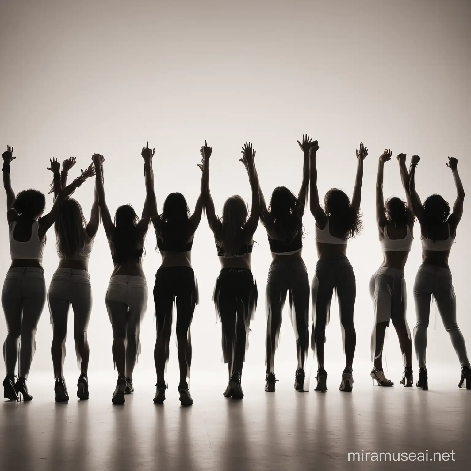 silueta de mujeres celebrando con los brazos arriba en fondo blanco