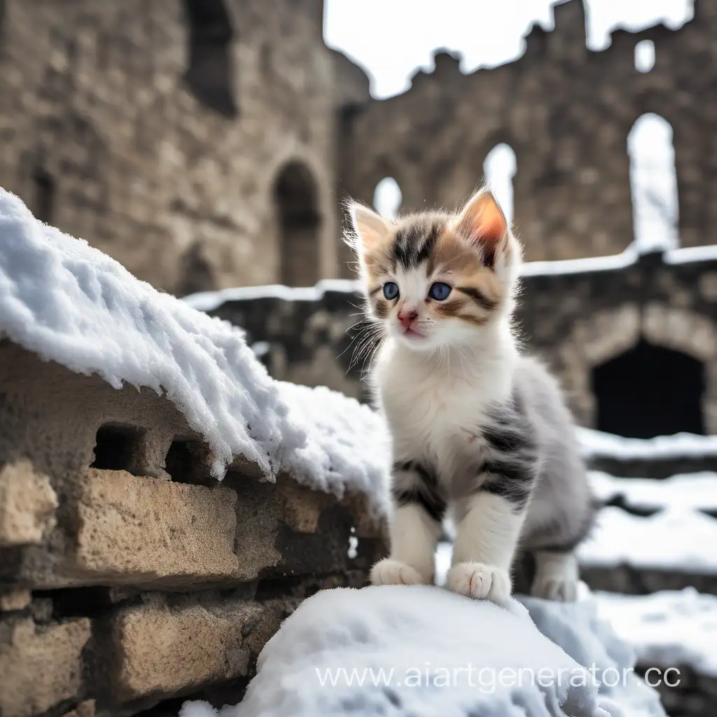 котенок зимой на развалинах замка