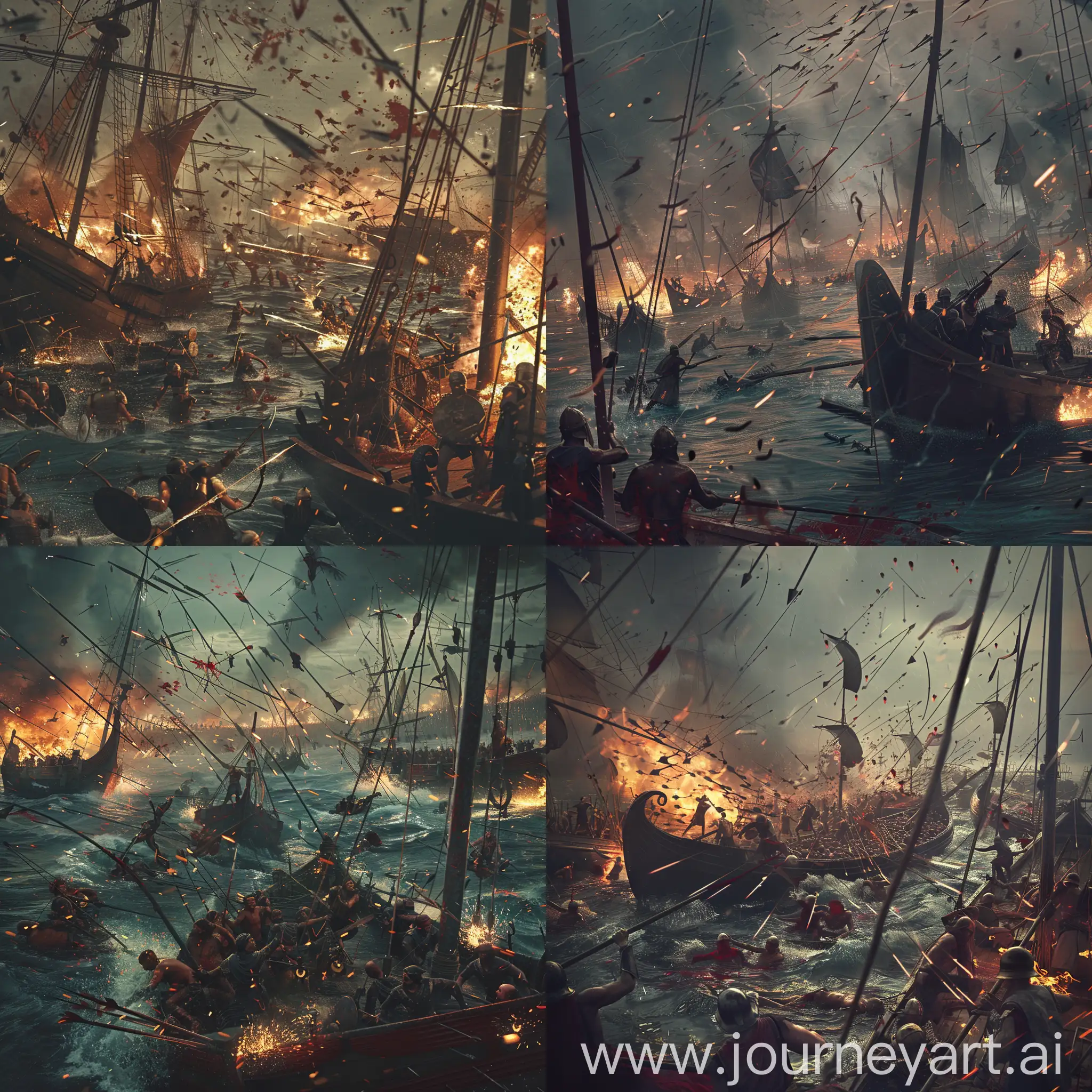 naval battle in ancient times, sailors, spears, bows, crossbows, countless arrows falling on enemies, bloody, fire, sinking boats, injured people on ships and in the water, sad and gloomy background , extremely realistic, 8k.