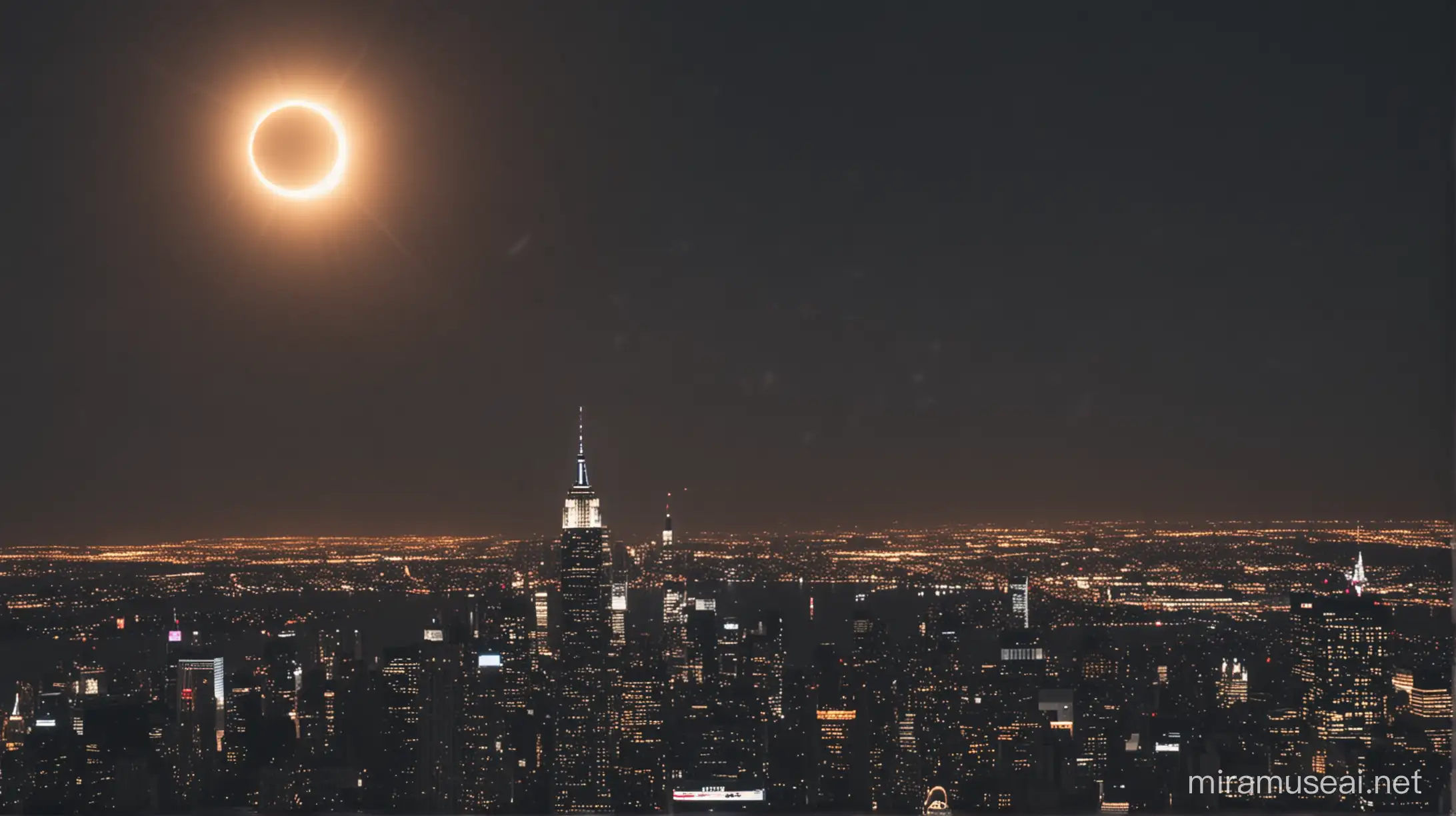 Solar eclipse over new york city, while many people watch in the sky. 