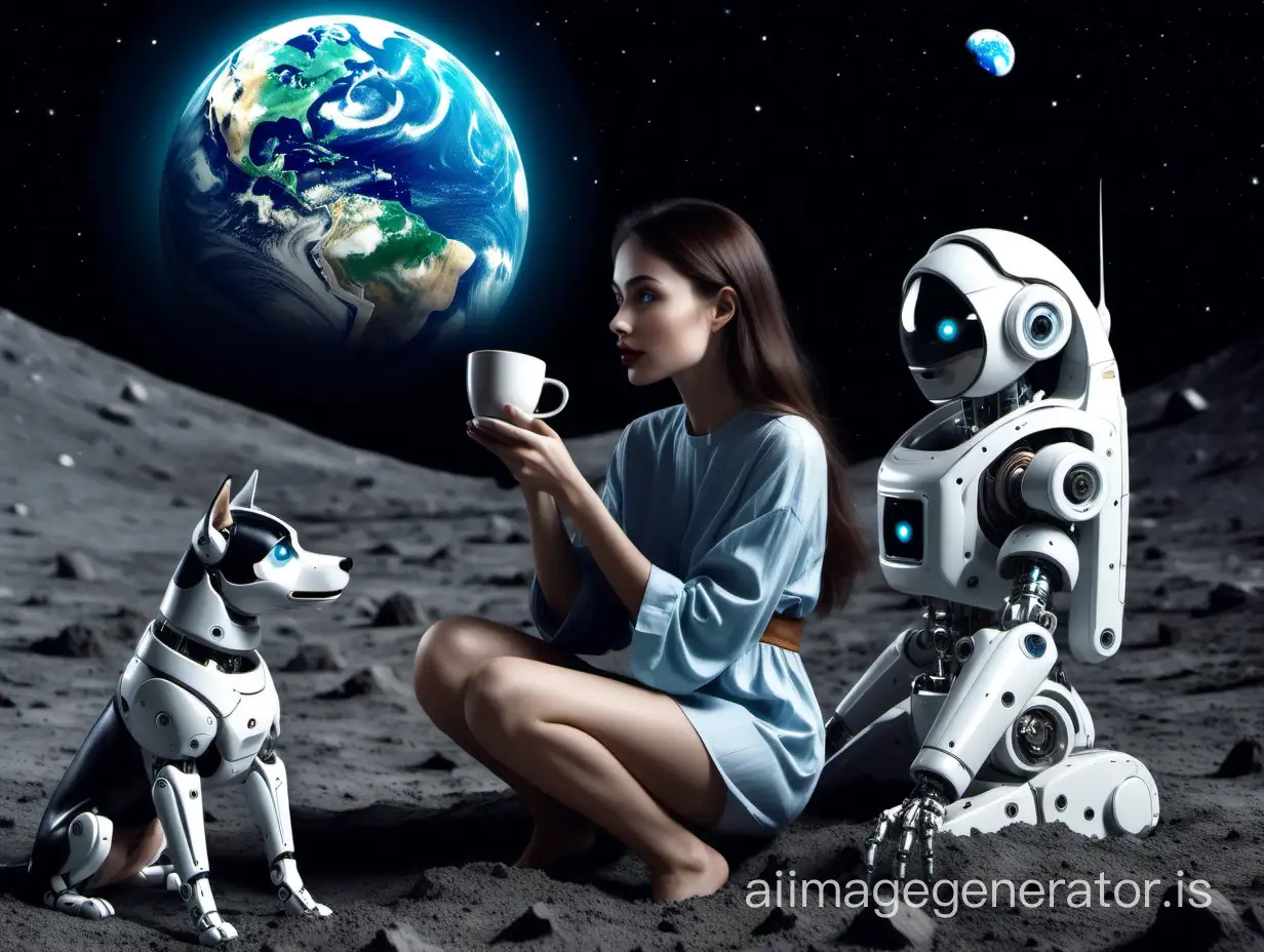 The pretty girl on the moon drinks coffee and gazes at the Earth, accompanied by a robotic dog.