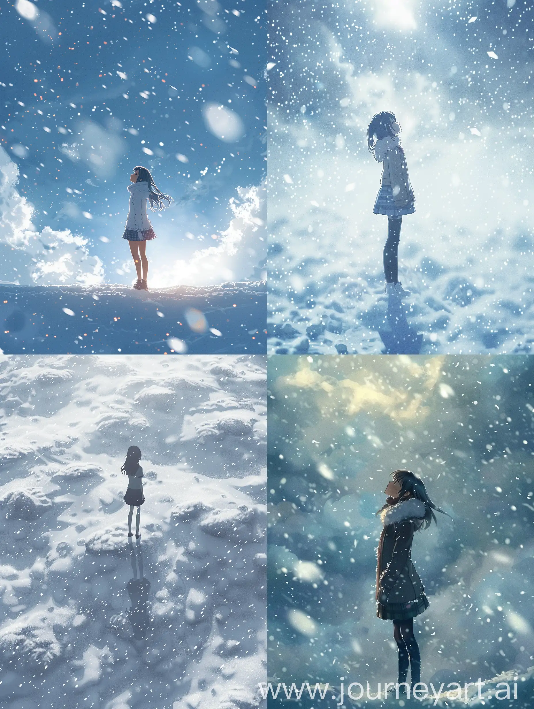 Аниме девочка, стоящая одна посереди бесконечных снегов и смотрящая в небо