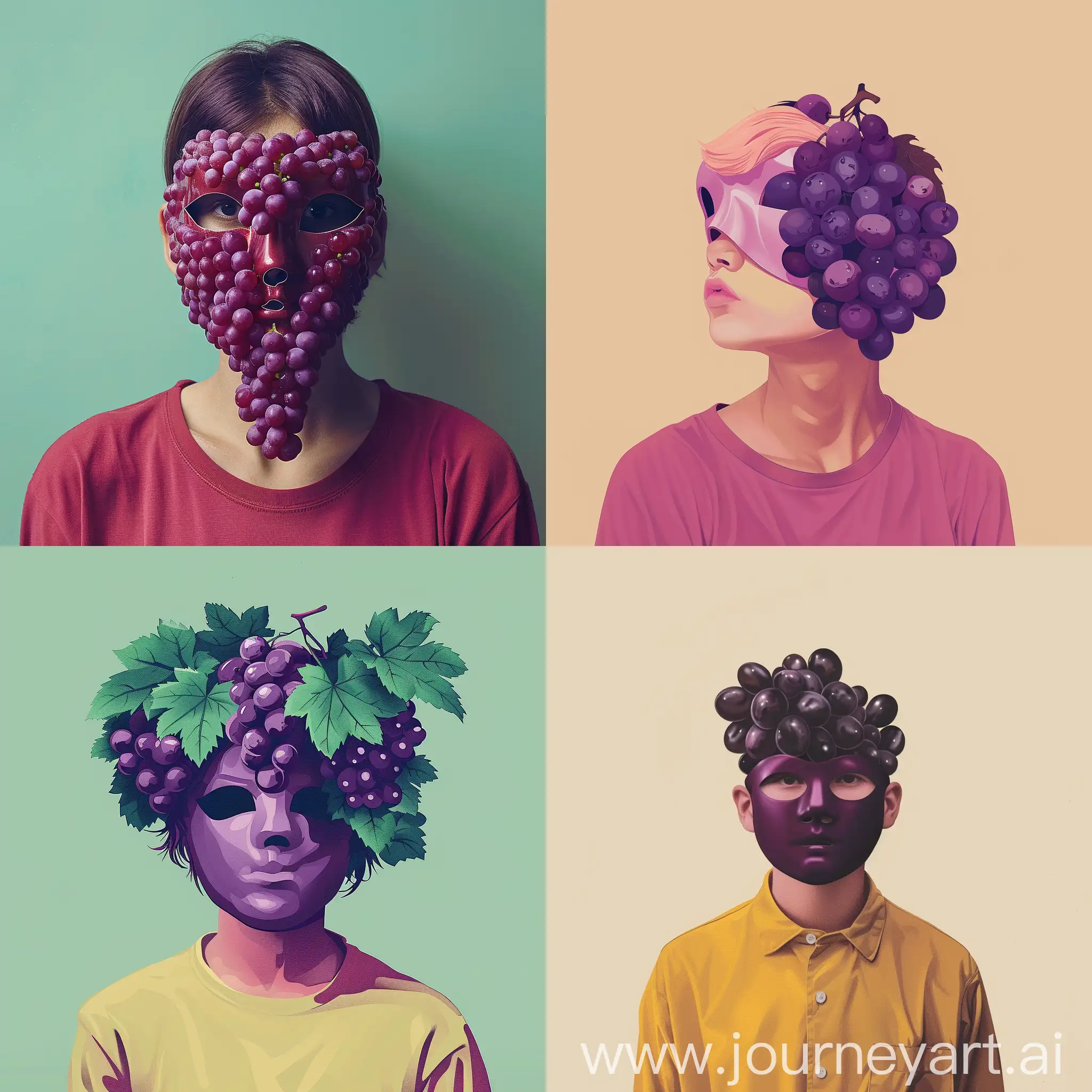 e person with a grape mask flat background minimalistic realistic