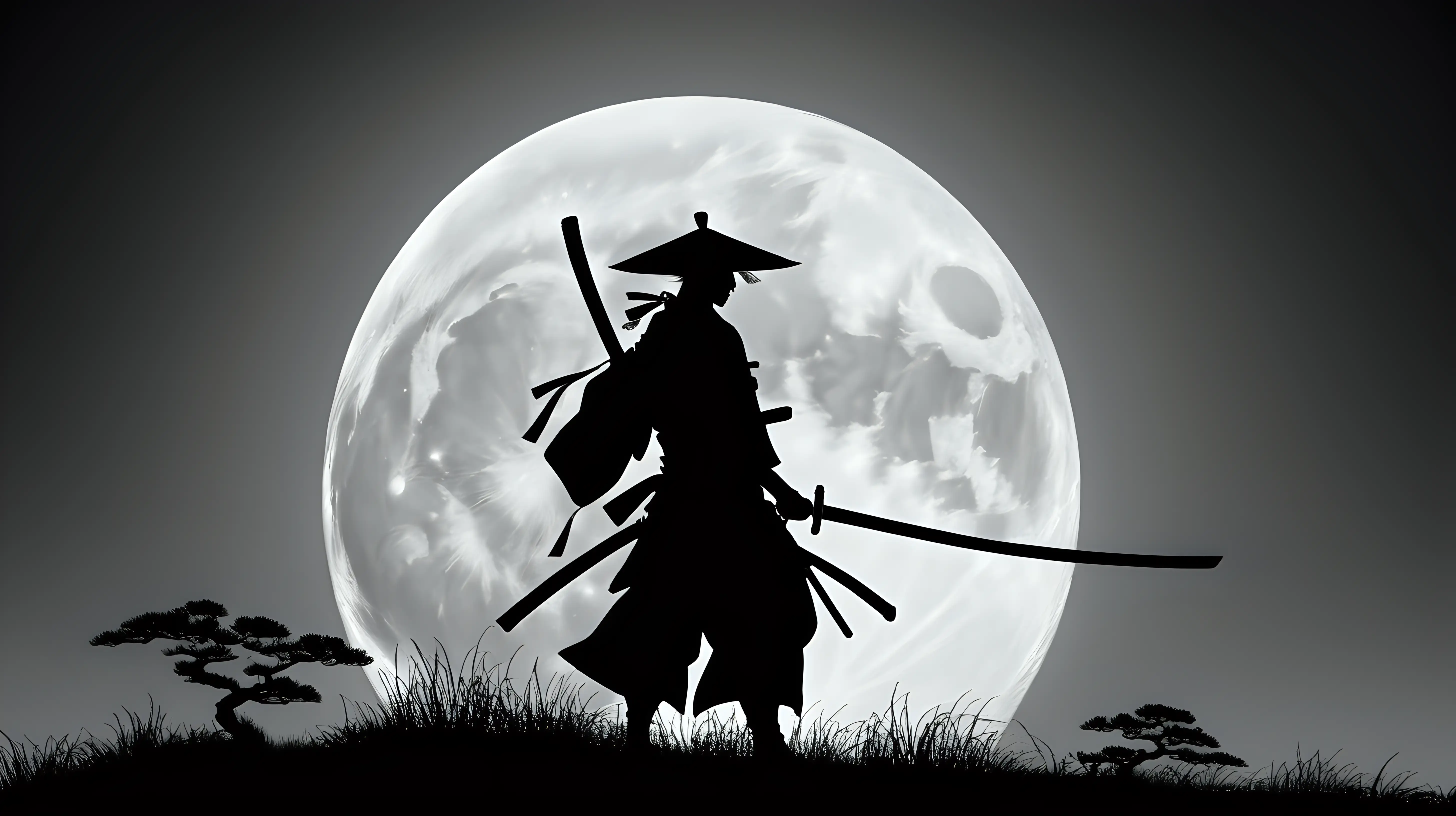 A silhouette of a samurai framed against the backdrop of a full moon, his katana drawn and ready, his figure shrouded in mystery and shadow.
