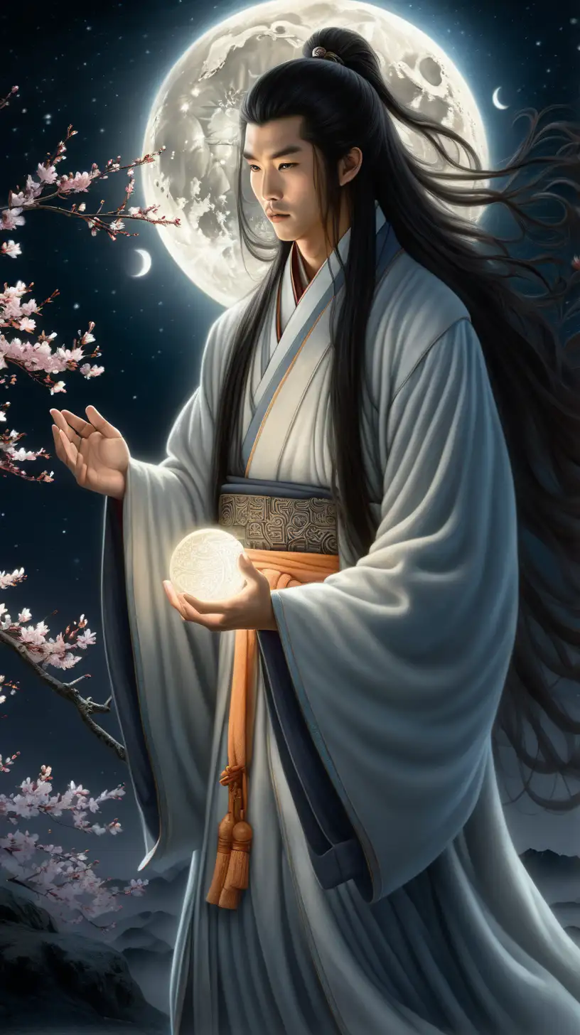 masterpiece depicting a beautiful Chinese man with long, flowing black hair, wearing a white robe, bathed in the ethereal light of the moon, He is holding an orb glowing with an inner light, swirling with intricate patterns. The background is a dark night sky filled with countless stars and the prominent full moon. Render in a dreamlike, ethereal, mystical style with soft, moonlit glow highlighting the figure and orb, with subtle shadows adding depth. Include cherry blossom petals gently falling around the figure and subtle calligraphy symbols on the robe.  V 6.0