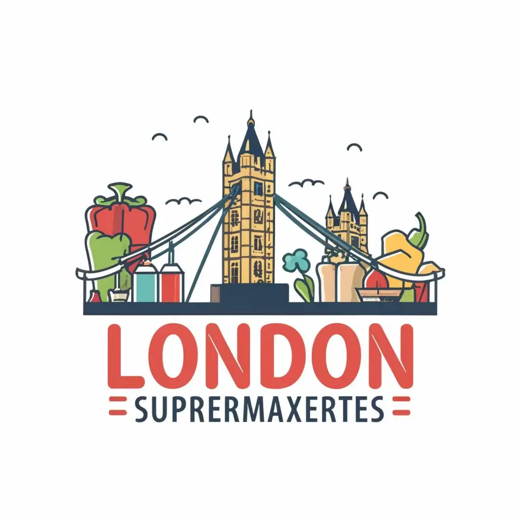 logo, London tower bridge, grocery, shopping cart, fruits and vegetables, drinks, with the text "London Supermarkets", typography, be used in Retail industry