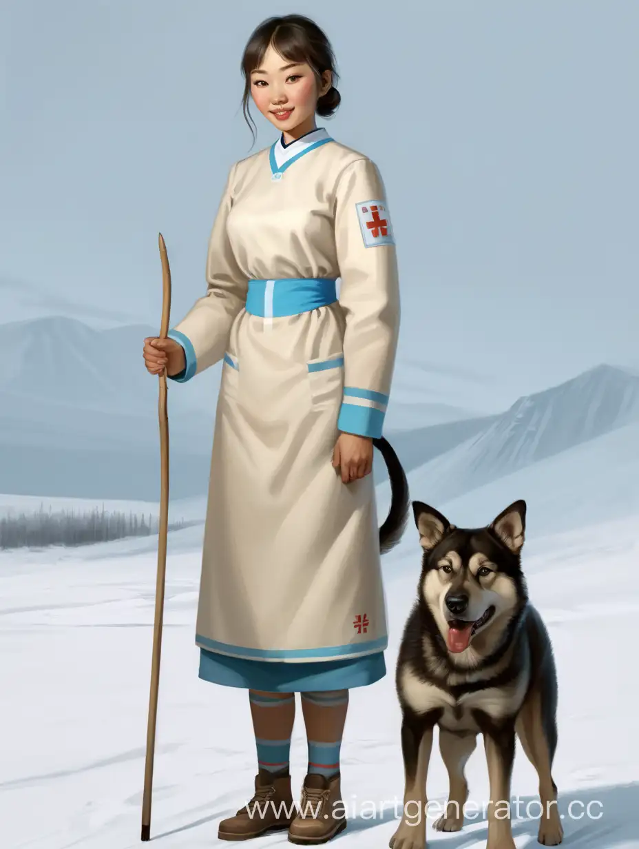 Young Buryat nurse with bare knees and long sleeves, she is kind, full-length, with a mean sharp-toothed dog standing behind her.