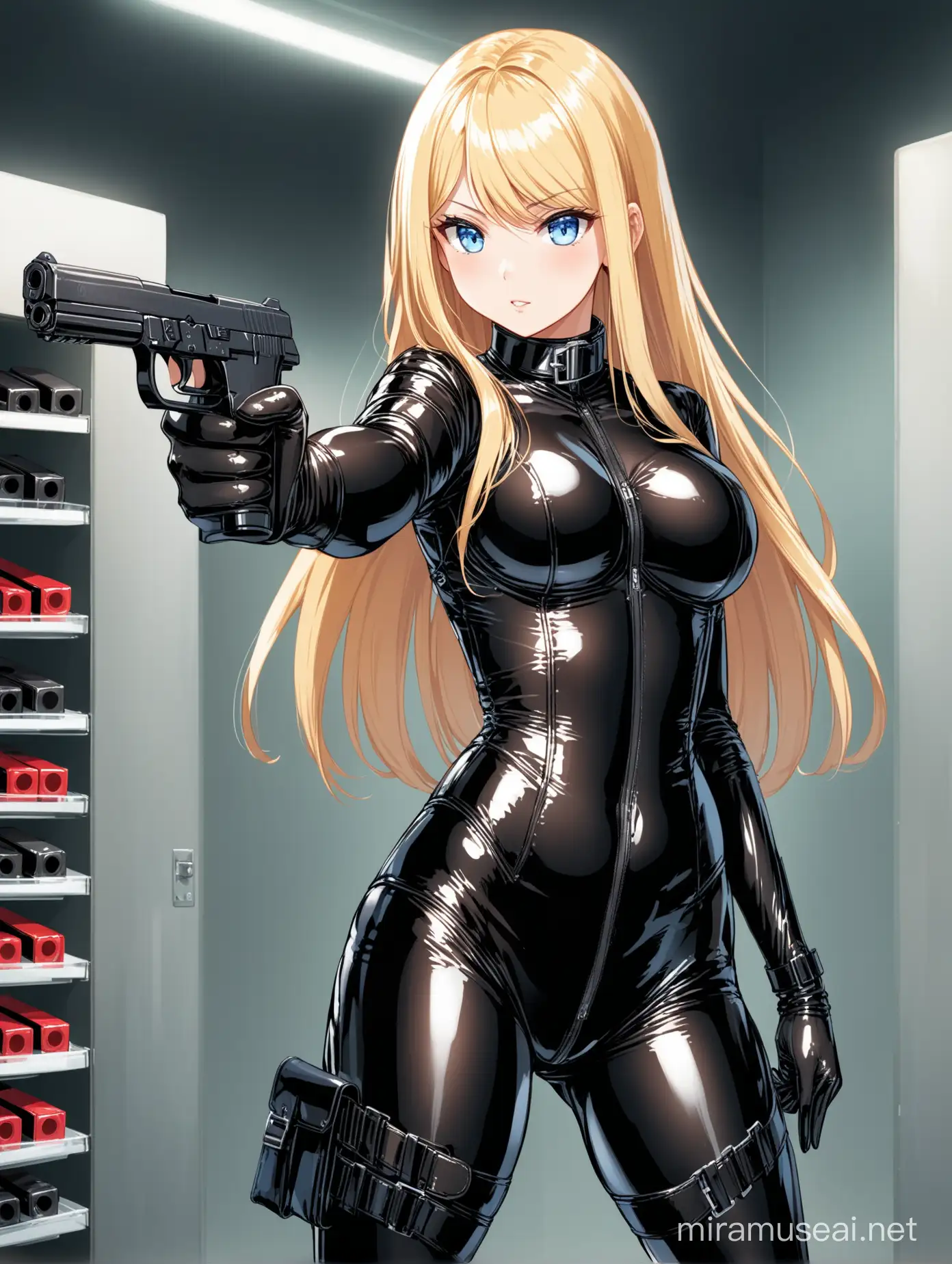 Blond Assassin in Glossy Black Catsuit Aiming Uzi 9mm in Convenience Store