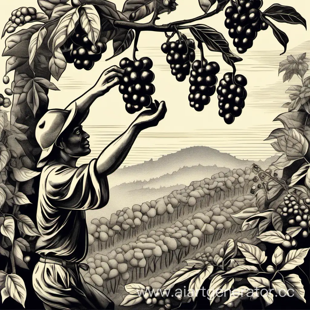 иллюстрация в виде гравюры, человек собирает ягоды кофе с ветки