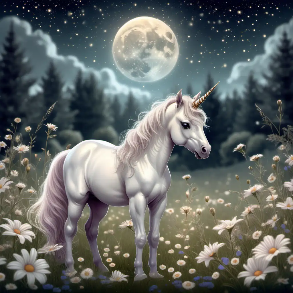 Envision a cute baby unicorn grazing in a moonlit meadow, surrounded by delicate flowers. The image should be done in watercolor style using beige on white coloring. 