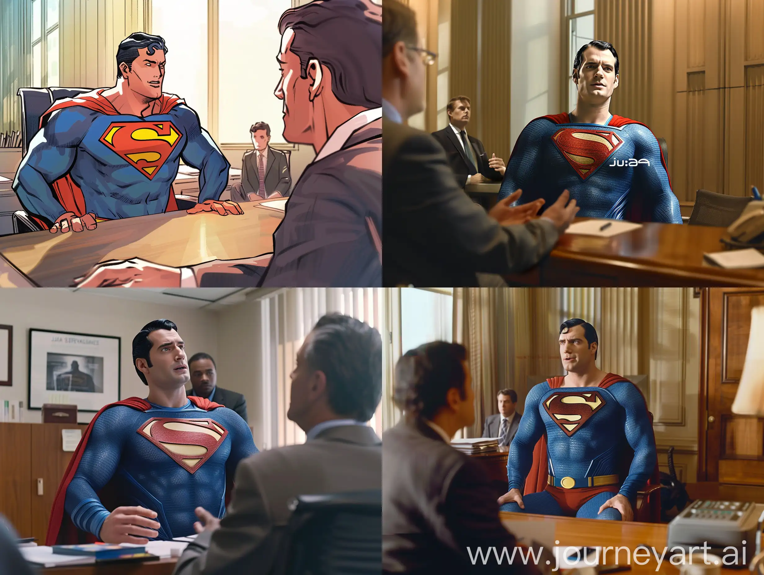 superman with a jira service management logo on his suit, conversation with man in suit, office setting, man in suit asks question,superman sitting behind desk,man in suit sitting on chair,casual --v 6 --ar 4:3