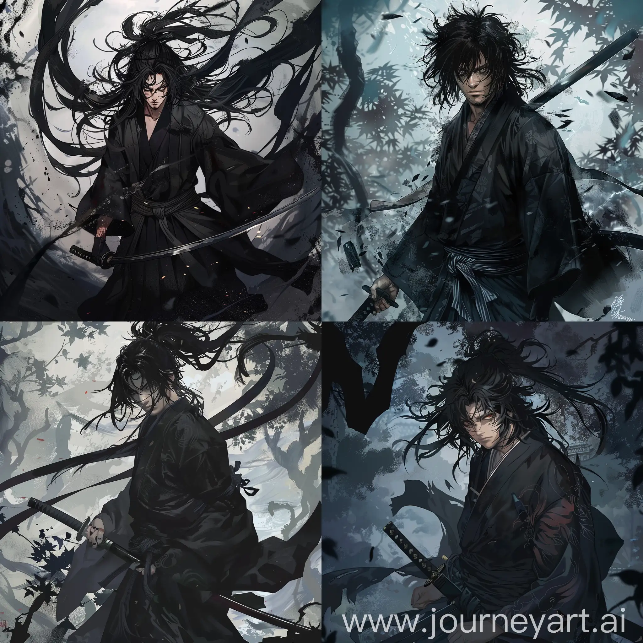 Black haired male, full body, black kimono, black katana, vagabond manga style, surrounded by shadows, anger and sadness