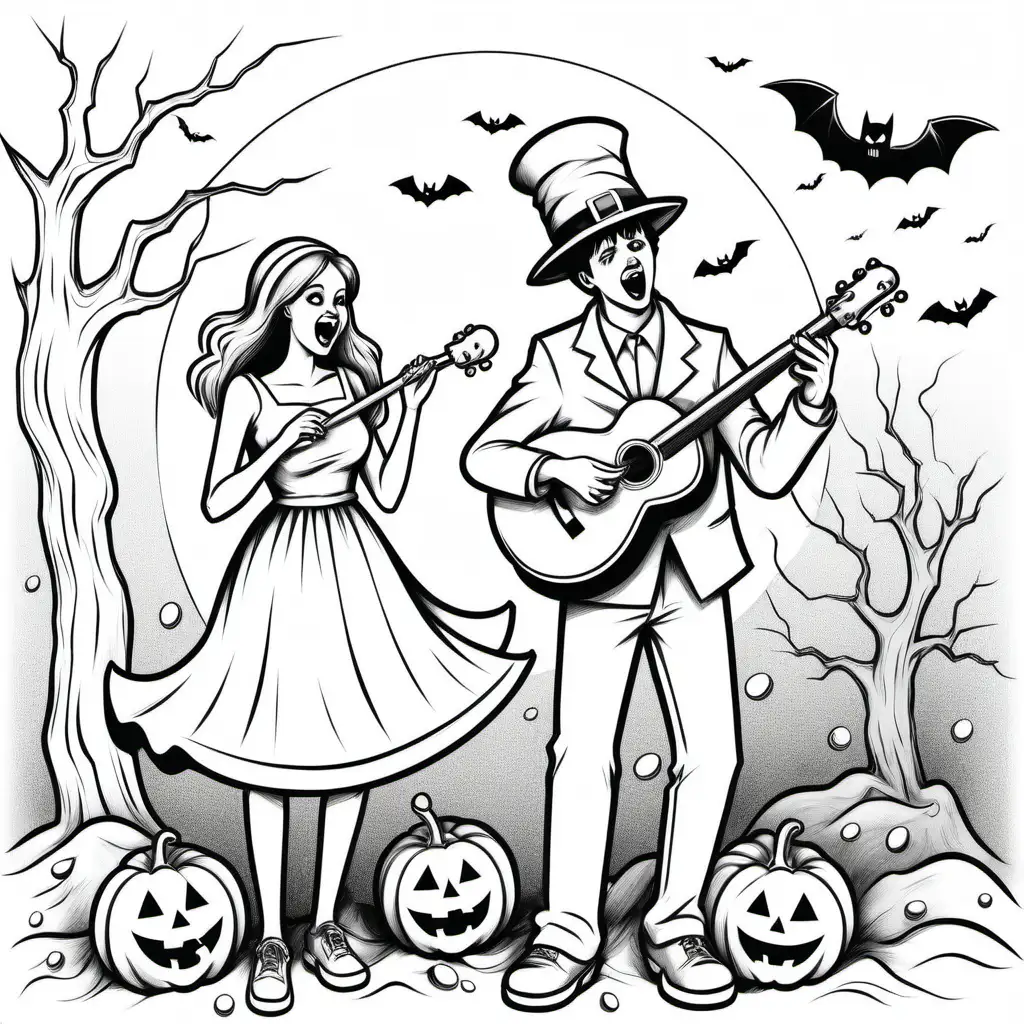 Young Couple Playing in Halloween Band Black and White Sketch to Color