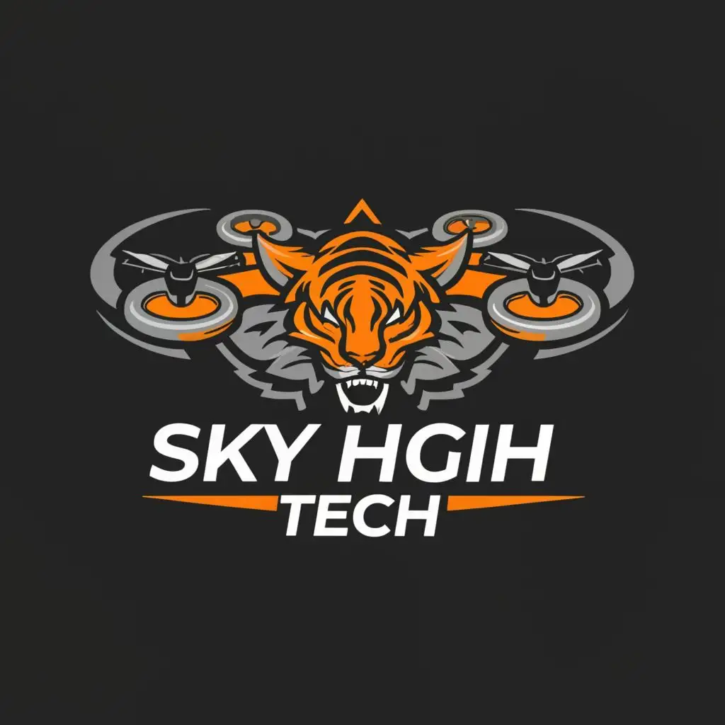 a logo design,with the text "Sky High Tech", main symbol:drone
Tiger mascot
,Moderate,be used in Technology industry,clear background
add black tiger stripes to drone
create image with orange, black, and gray color scheme
recreate with Sky High Tech spelled correctly
