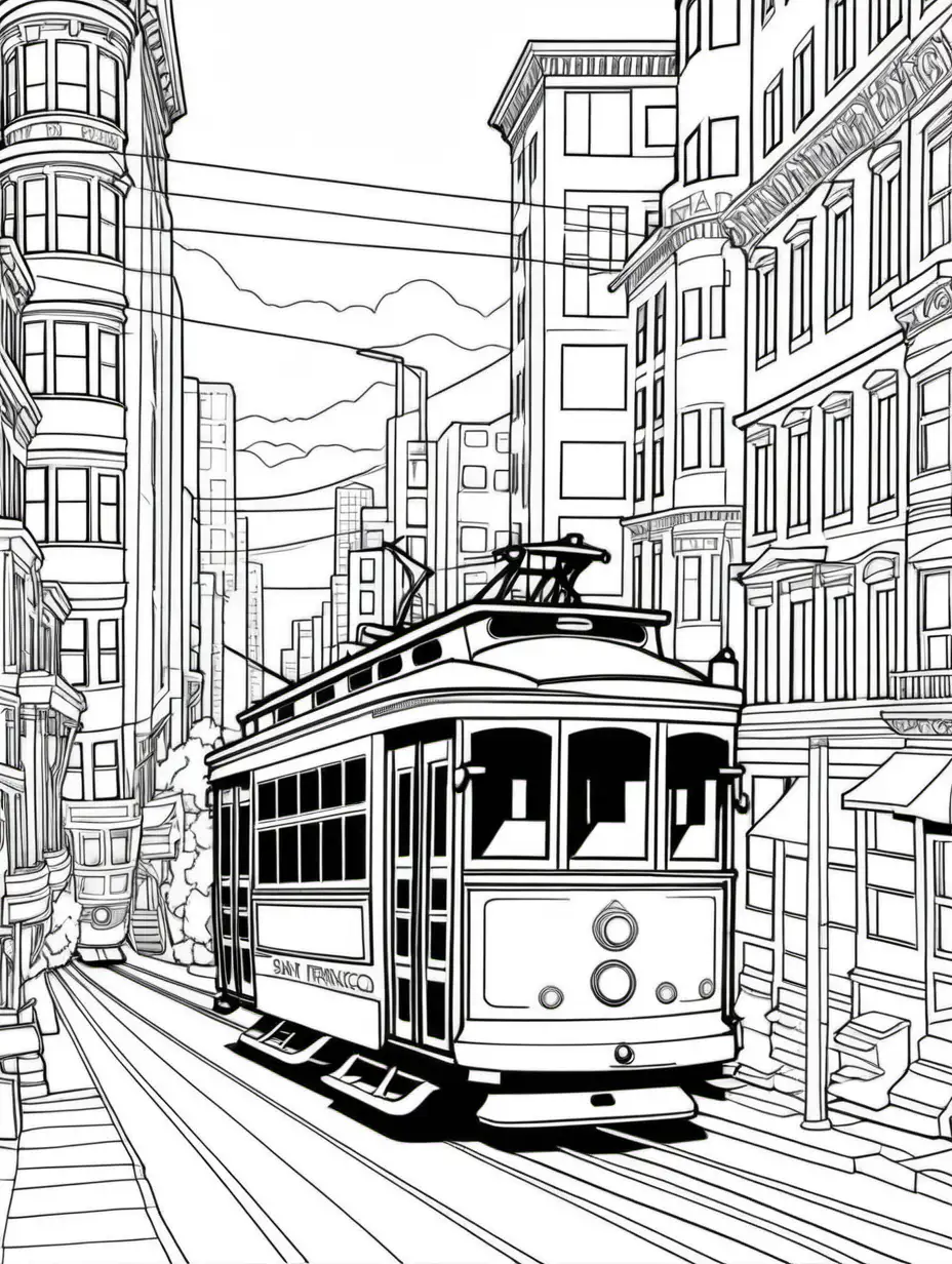 San Francisco Trams Coloring Page Lineart Style Black and White