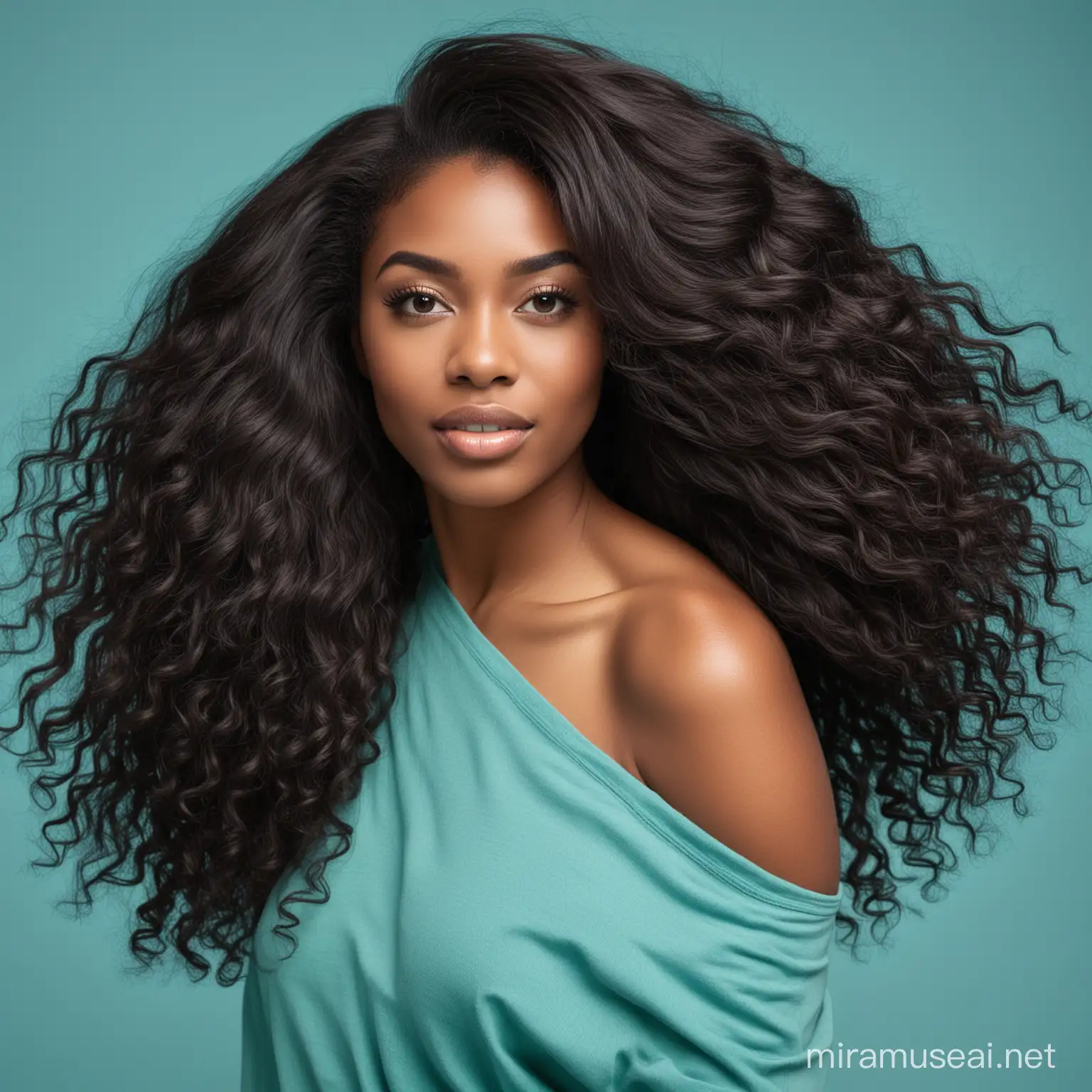 beautiful black woman with long BOUNCY hair in a teal background