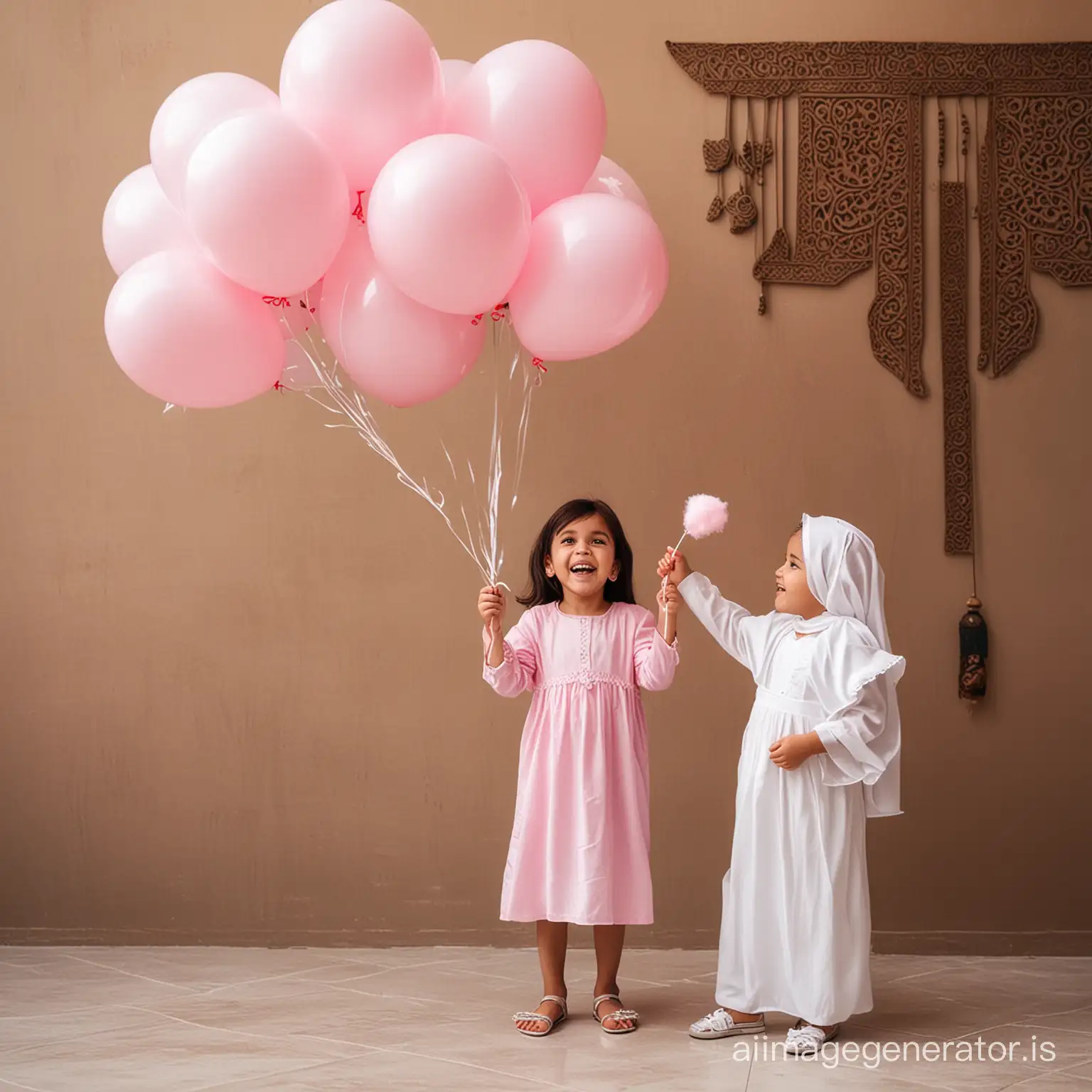 Little Arab children holding balloons and children eating cotton candy and having fun for Eid