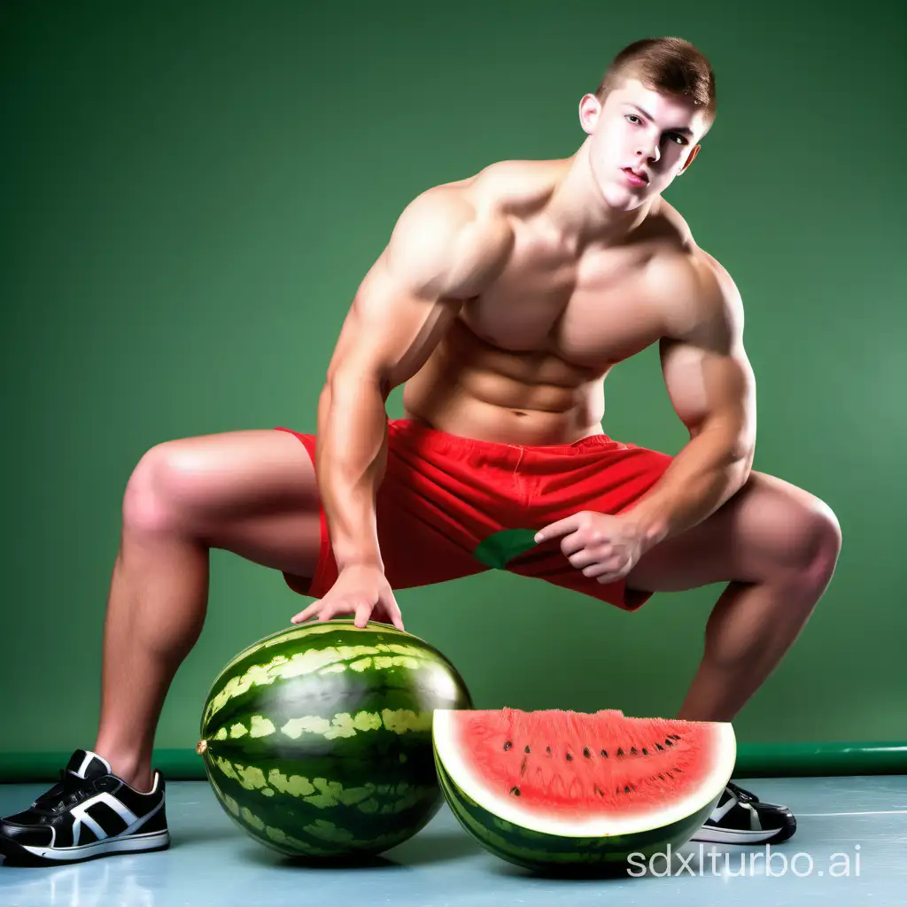 athletic shirtless 17 year old high school school boy is crushing a watermelon between his massive thighs, low angle shot emphasising his massive muscular legs, as the watermelon bursts under the huge pressure and weight from between his thighs