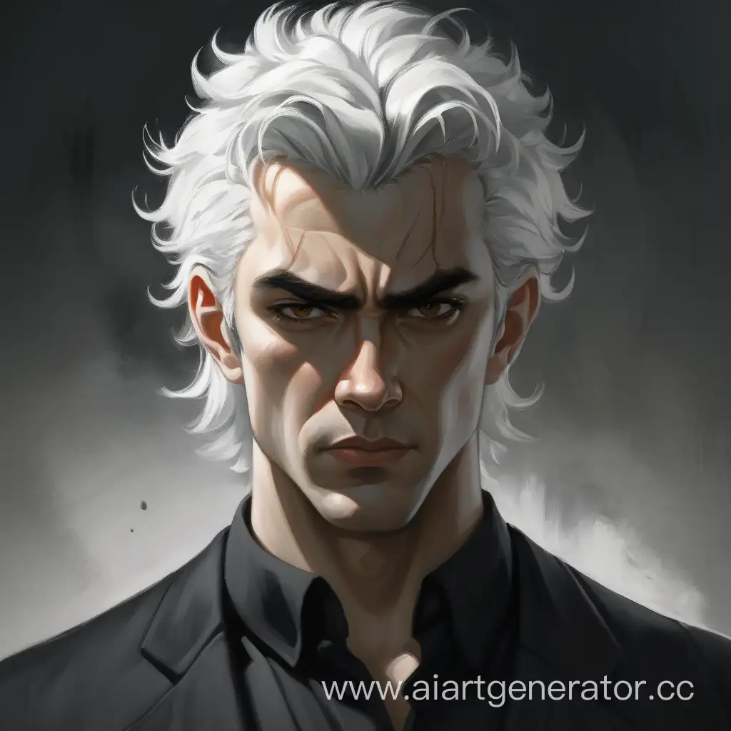 Харизматичный молодой злодей писатель, с холодным взглядом, в чёрной рубашке, со белыми волосами
