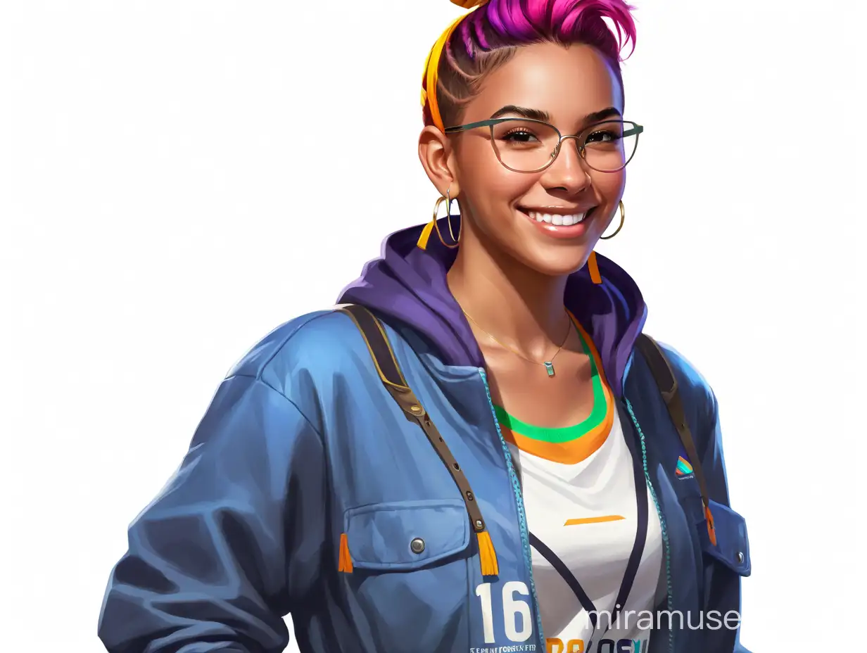 a portrait of game concept art of a character in realistic style. A young girl 16 years old, joyful and friendly, with colored hairstyle, in bright positive clothes with a race thematic details.
