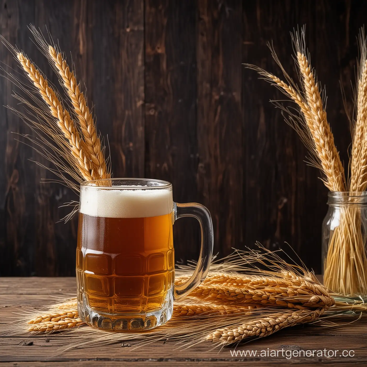 Beer-in-Glass-Mug-on-Dark-Wooden-Table-with-Wheat-Sheaf