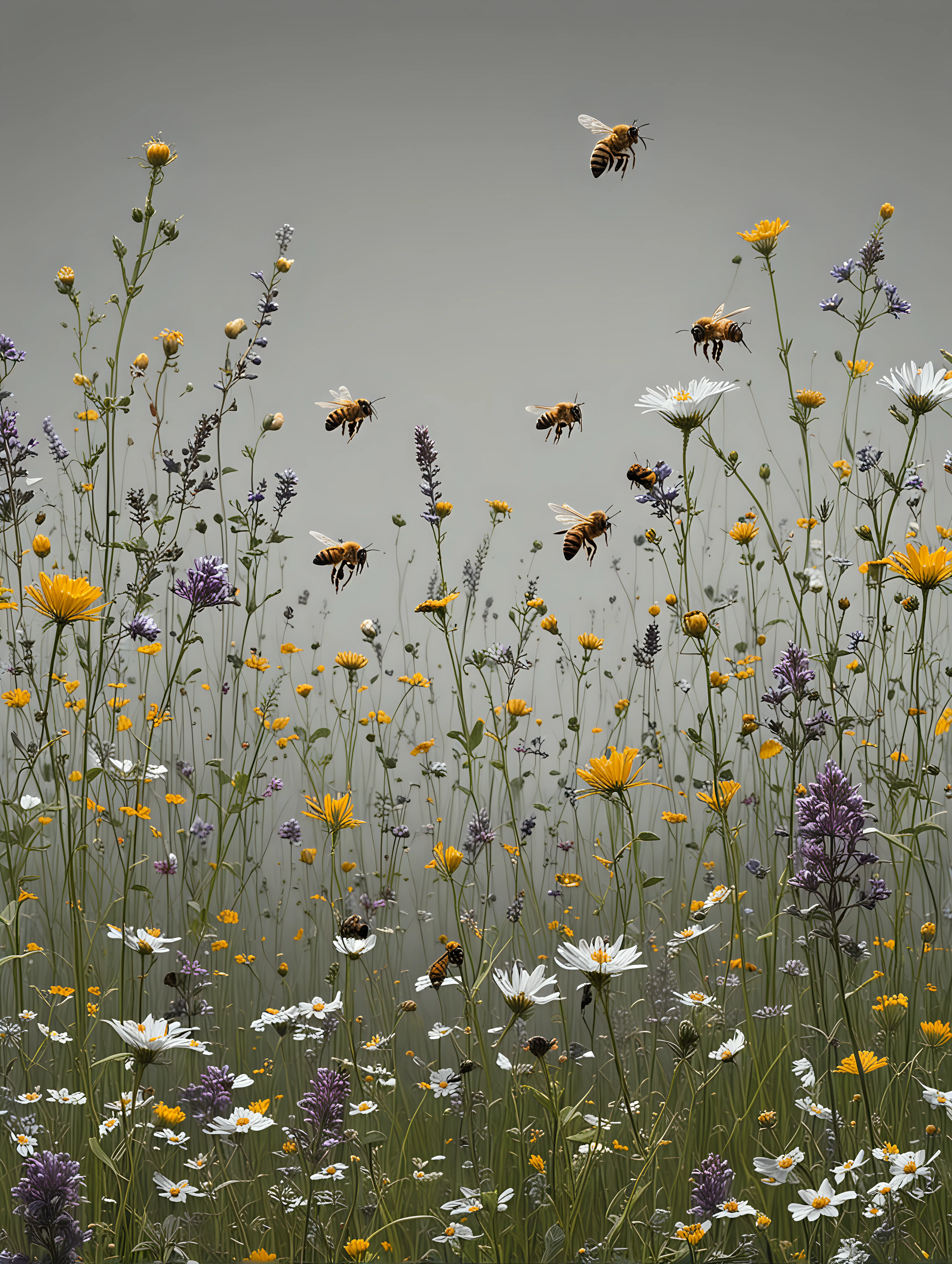 bees visit meadow wildflowers growing across the bottom of a neutral gray background.

Hyper-realistic. Highly detailed.