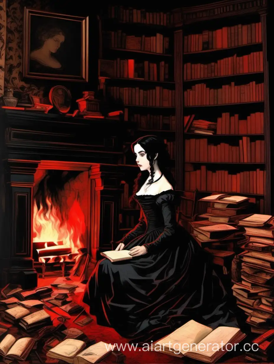 Девушка с бледной кожей с чёрными волосами и в чёрном платье в стиле 19 века сидит в комнате возле камина, везде разбросаны книги и письма, сзади девушки стоит чёрная тень, всё в красных отенках, 19 век, арт, хорошее качество.