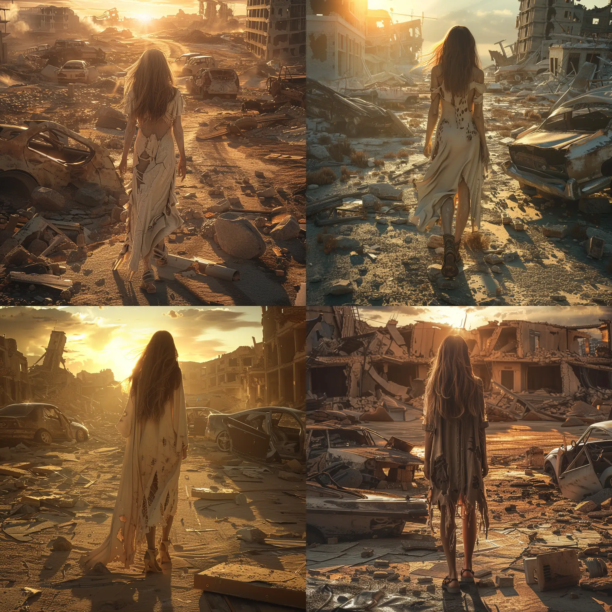 full body view girl devastated, post-apocalyptic view torn long clothes, torn shoes, ruins, building ruins, broken cars, golden hour sunshine, space view, cinematic photo with dramatic lighting, hyper-realistic textures, moody, dark, very detailed, futuristic post-apocalyptic desert, cinematic, HDR, 8k, cinematic shot, professional color grading, volumetric lighting, sharp focus, film grain, high dynamic range, dramatic lighting, realistic textures